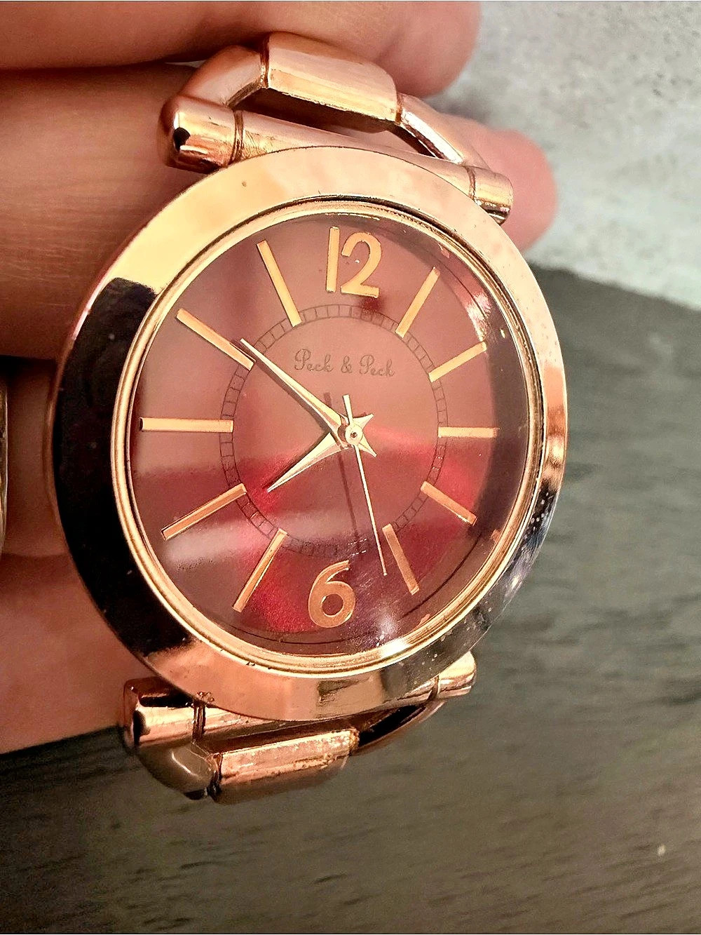 Peck & Peck Rose Gold Bangle Watch with Red Dial